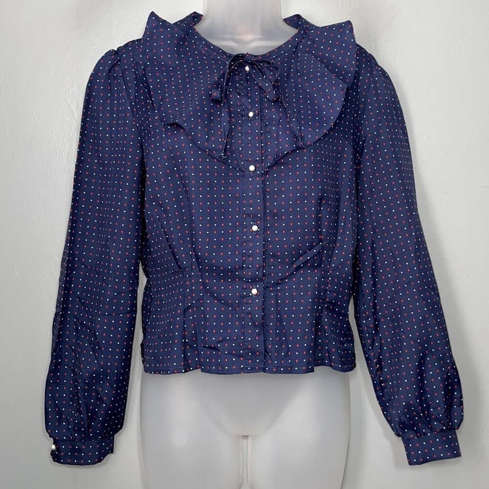 Vintage Eber Blouse Size Large Navy Blue Red White Polka Dot Secretary Twee Top